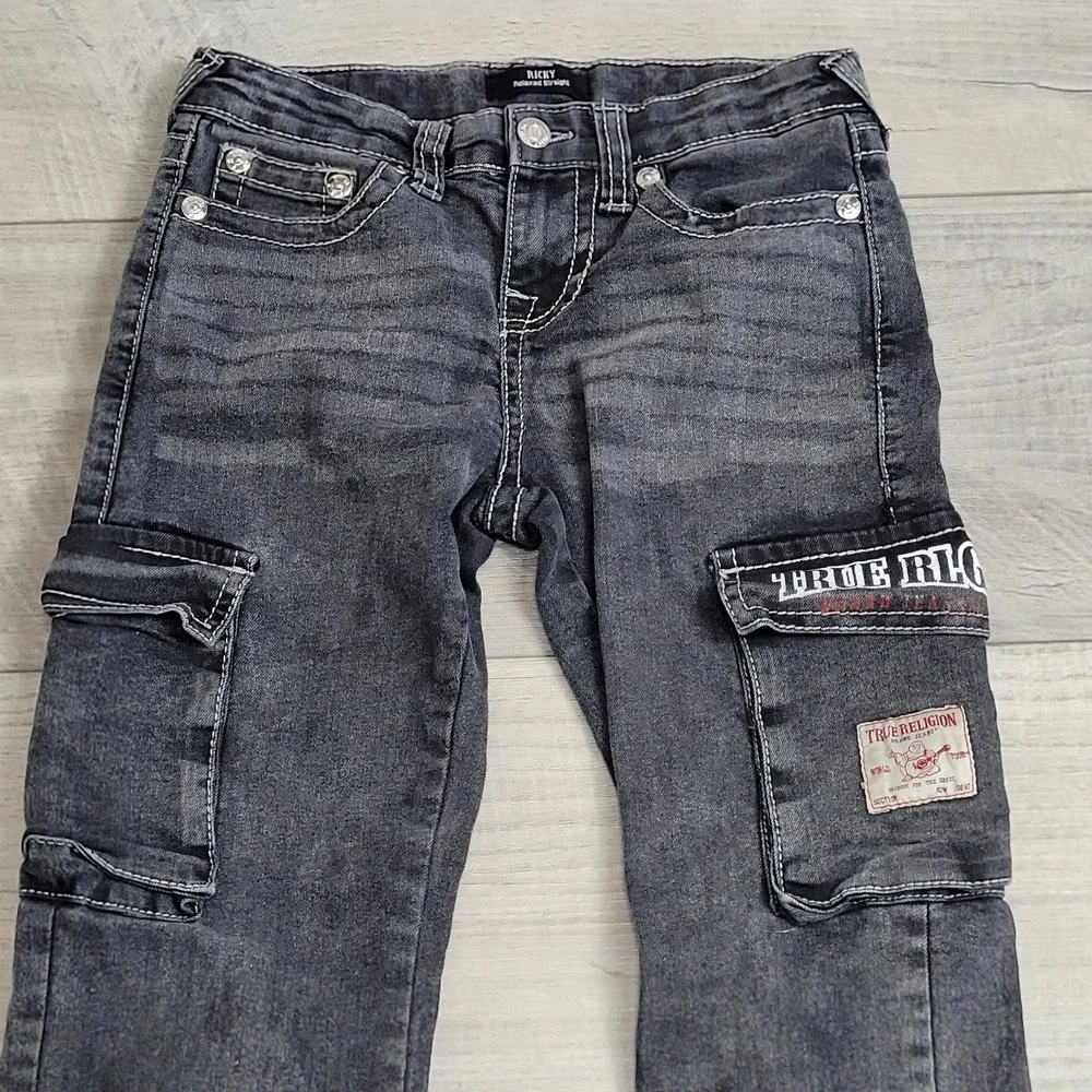 👖True Religion Jeans Boy 10 Shadow Grey Ricky Relaxed Straight Cargo Whiskering